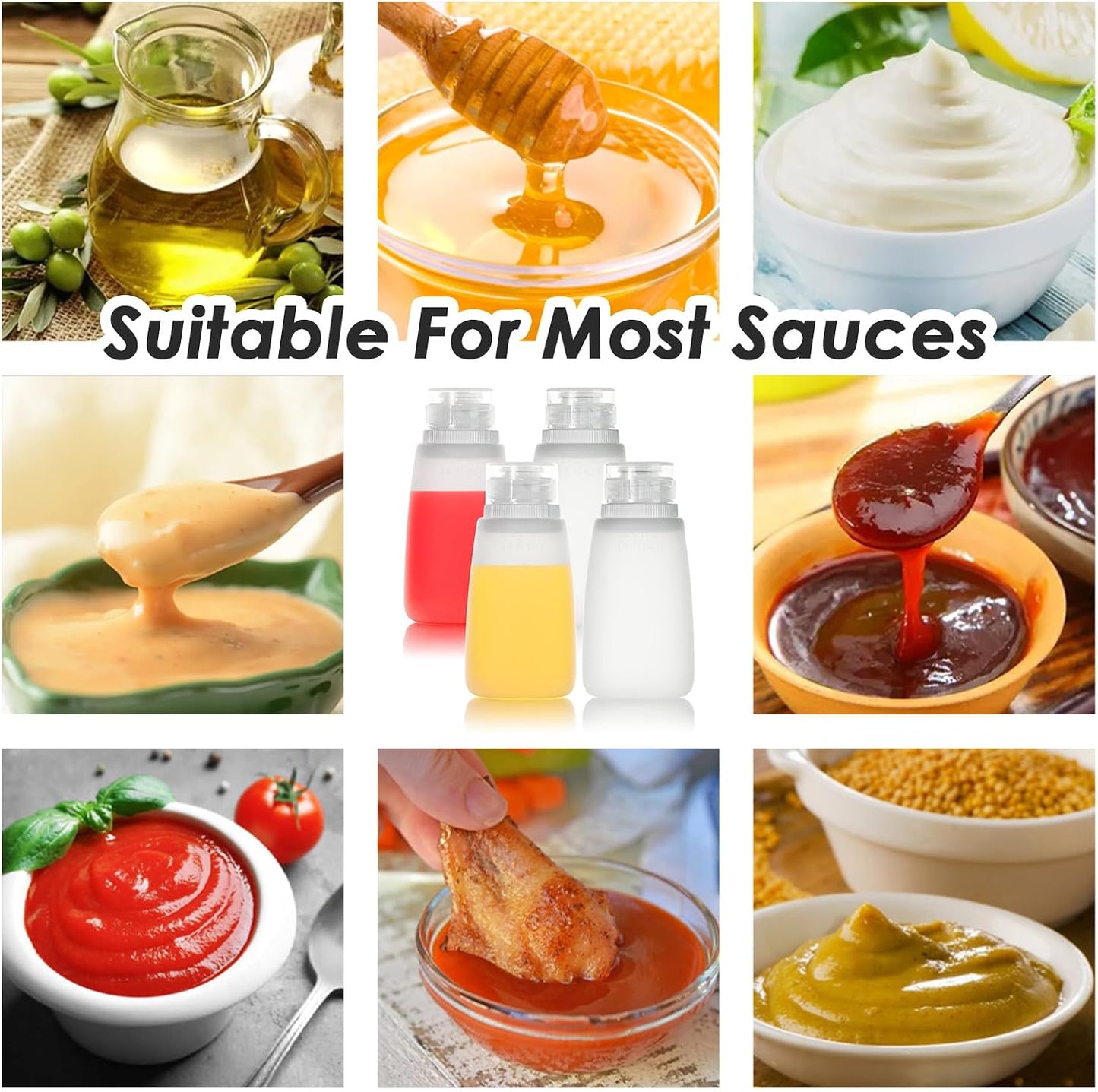 Condiment Squeeze Bottles for Ketchup Hot Sauce Liquids Oil with Caps for Condensed Milk and Mustard Salad Dressing Dispenser Silicone Bottles (Translucent, 4 oz * 4 Pack)