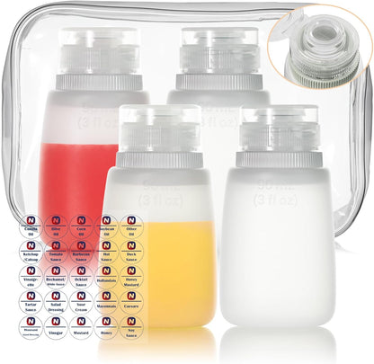 Condiment Squeeze Bottles for Ketchup Hot Sauce Liquids Oil with Caps for Condensed Milk and Mustard Salad Dressing Dispenser Silicone Bottles (Translucent, 4 oz * 4 Pack)