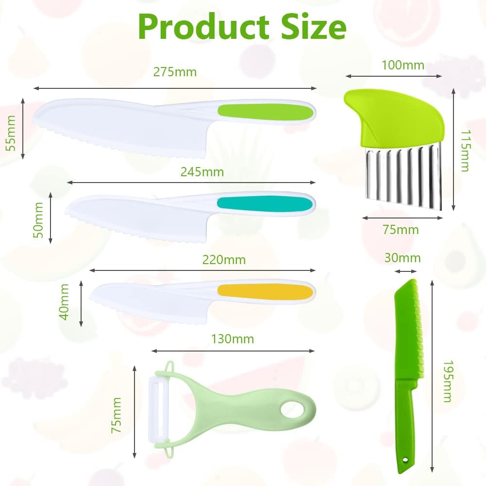 Montessori Kitchen Tools,6Pieces Knives for Kids Nylon Kids Safe Cooking Knives Serrated Edges,Y Peeler For Cooking and Cutting Fruit,Suitable for Children and Beginners