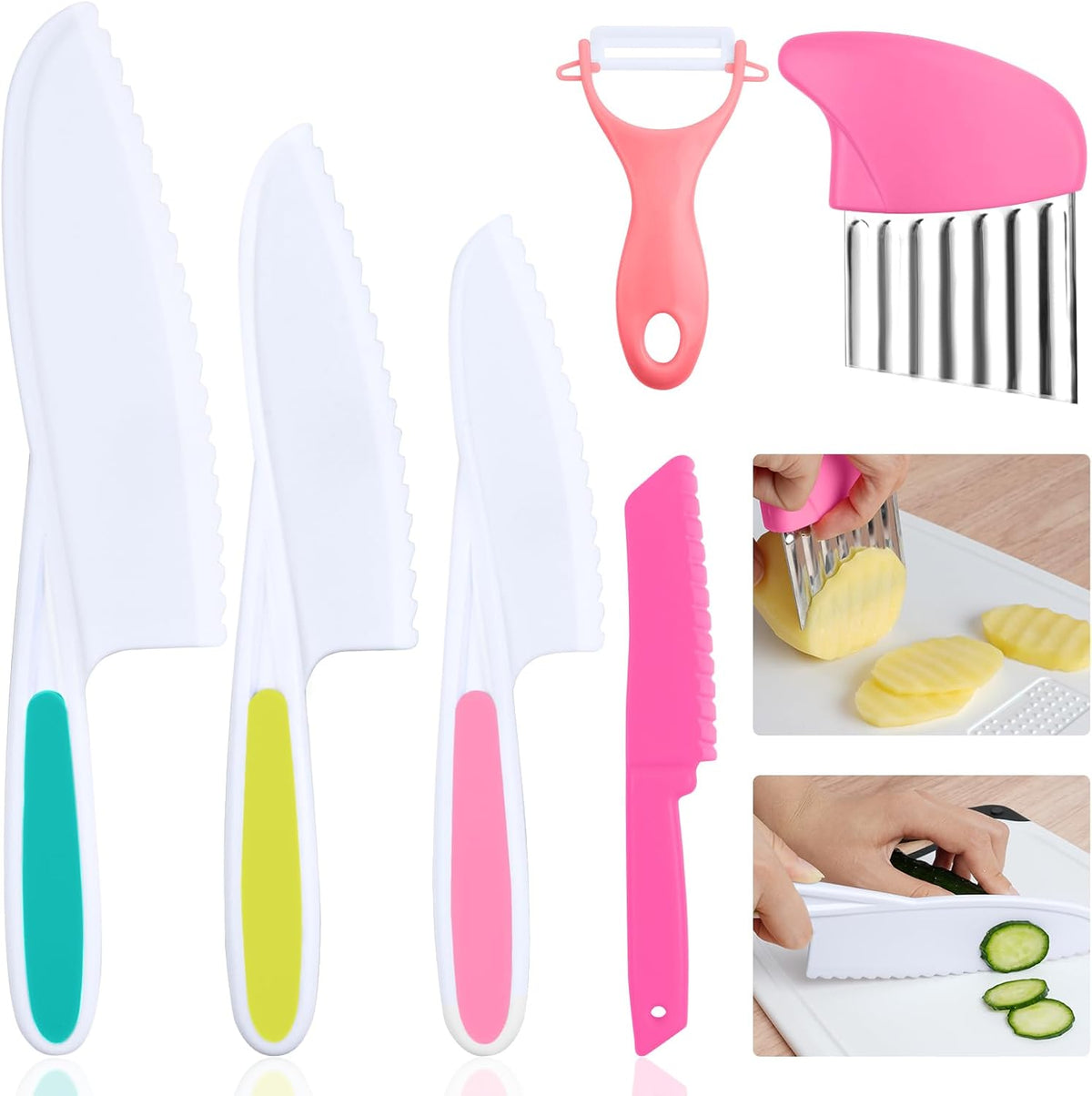 Montessori Kitchen Tools,6Pieces Knives for Kids Nylon Kids Safe Cooking Knives Serrated Edges,Y Peeler For Cooking and Cutting Fruit,Suitable for Children and Beginners