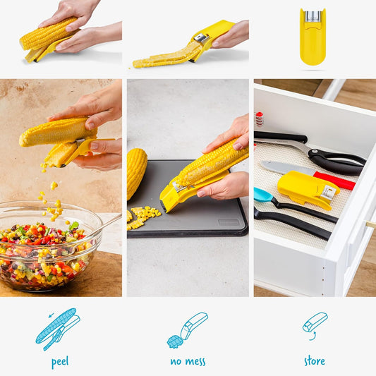 Corpeel No-Mess Corn Cob Peeler | Fold-out chute guides kernels into neat pile, curved Japanese stainless steel blade removes fresh or cooked corn from the cob
