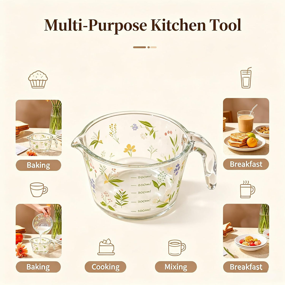 Glass Measuring Cup with Handle & Pour Spout, 500ml Glass Decorative Measuring Beaker Cup with Precise Markings, Floral Print Measuring Cup for Baking, Cooking, Mixing (Microwave & Dishwasher Safe)