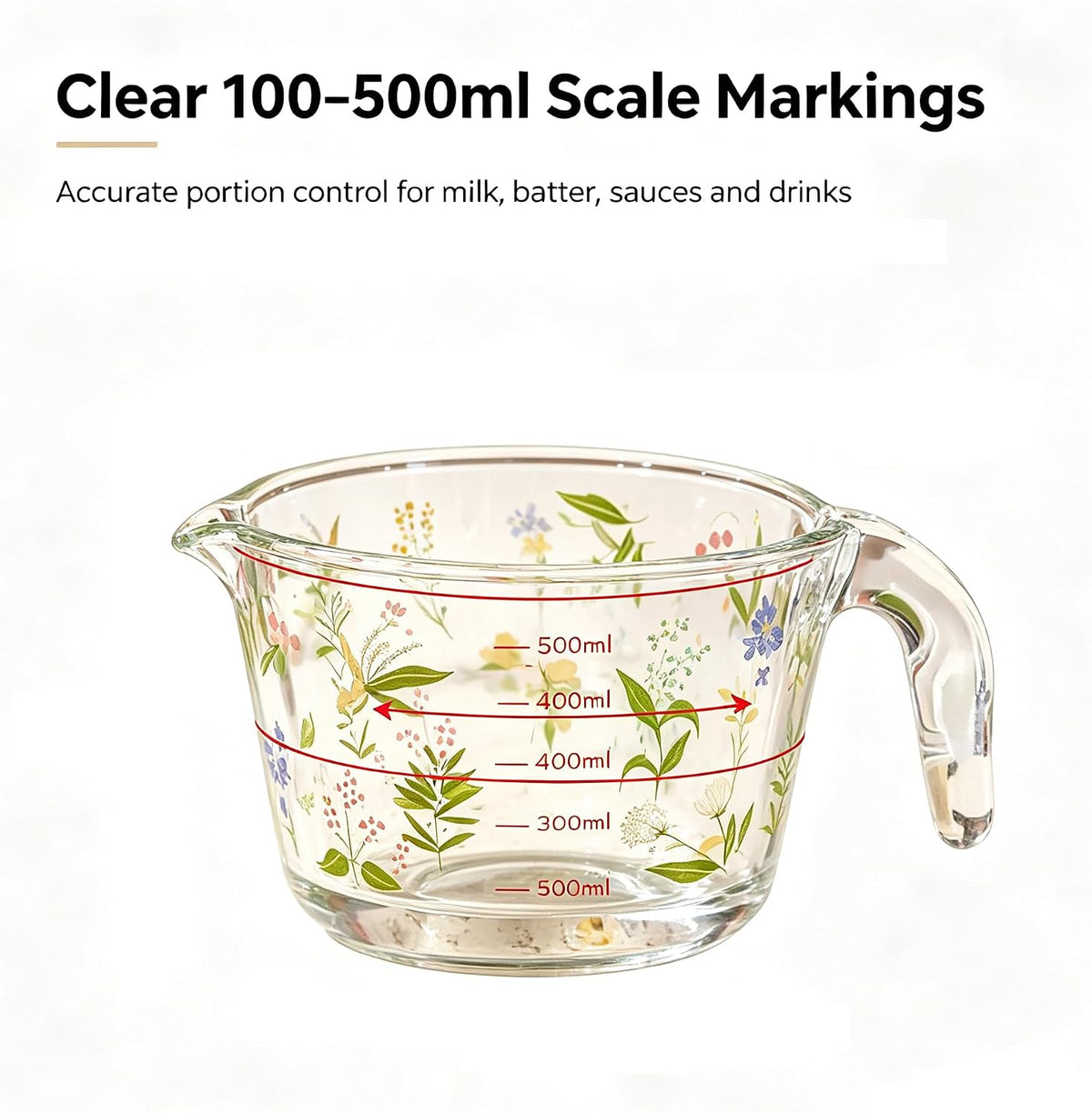 Glass Measuring Cup with Handle & Pour Spout, 500ml Glass Decorative Measuring Beaker Cup with Precise Markings, Floral Print Measuring Cup for Baking, Cooking, Mixing (Microwave & Dishwasher Safe)