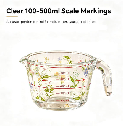Glass Measuring Cup with Handle & Pour Spout, 500ml Glass Decorative Measuring Beaker Cup with Precise Markings, Floral Print Measuring Cup for Baking, Cooking, Mixing (Microwave & Dishwasher Safe)