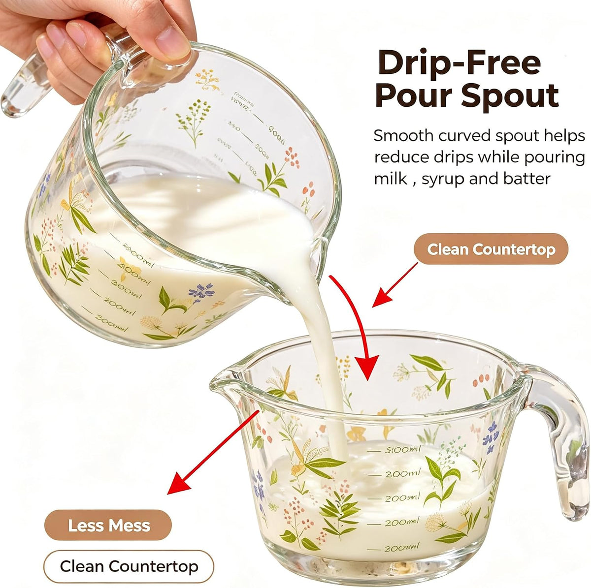 Glass Measuring Cup with Handle & Pour Spout, 500ml Glass Decorative Measuring Beaker Cup with Precise Markings, Floral Print Measuring Cup for Baking, Cooking, Mixing (Microwave & Dishwasher Safe)