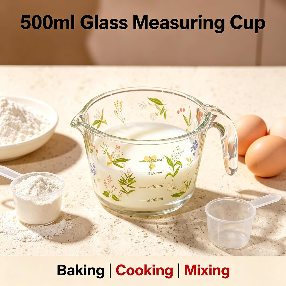 Glass Measuring Cup with Handle & Pour Spout, 500ml Glass Decorative Measuring Beaker Cup with Precise Markings, Floral Print Measuring Cup for Baking, Cooking, Mixing (Microwave & Dishwasher Safe)