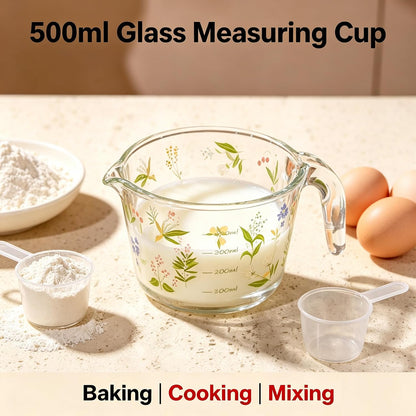 Glass Measuring Cup with Handle & Pour Spout, 500ml Glass Decorative Measuring Beaker Cup with Precise Markings, Floral Print Measuring Cup for Baking, Cooking, Mixing (Microwave & Dishwasher Safe)