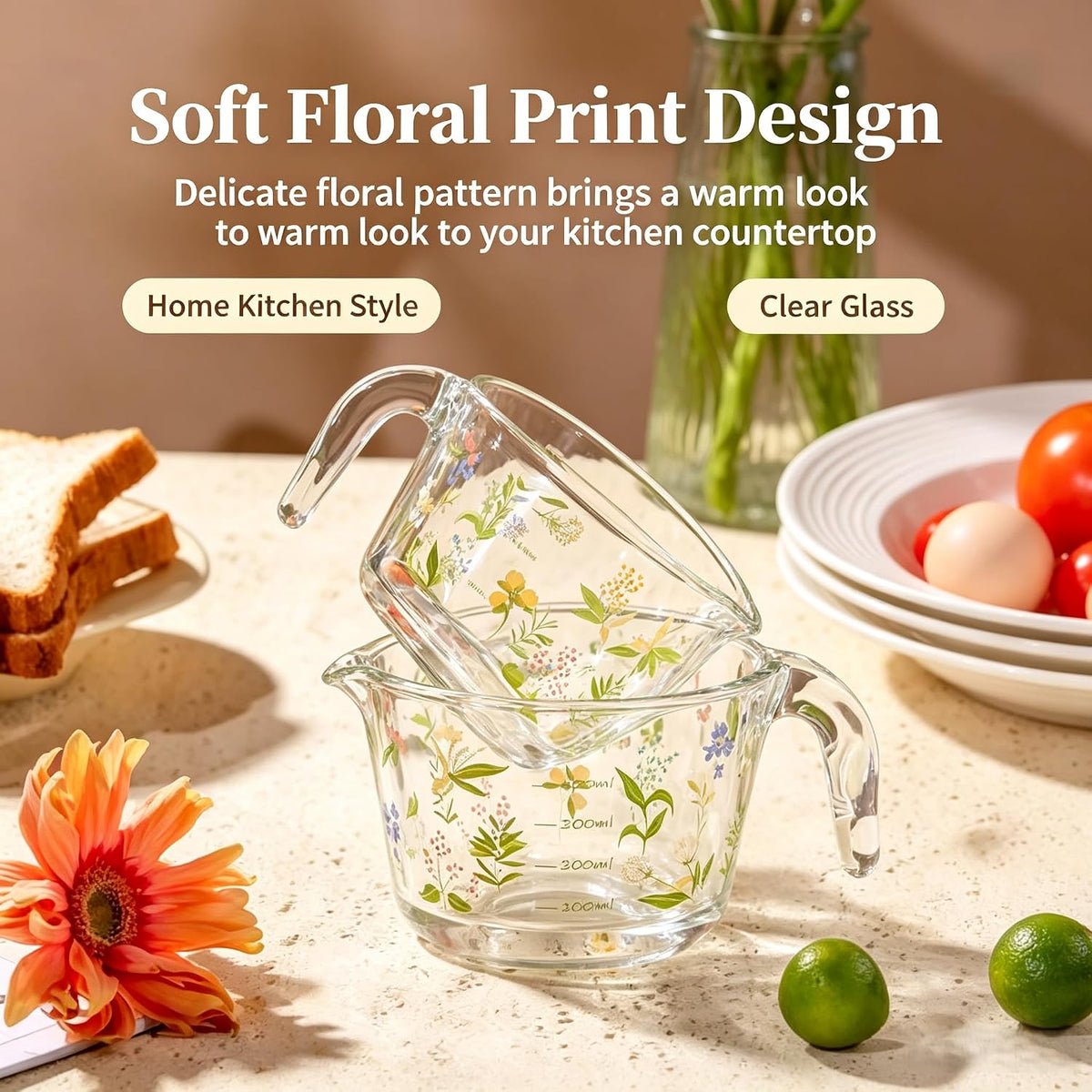 Glass Measuring Cup with Handle & Pour Spout, 500ml Glass Decorative Measuring Beaker Cup with Precise Markings, Floral Print Measuring Cup for Baking, Cooking, Mixing (Microwave & Dishwasher Safe)