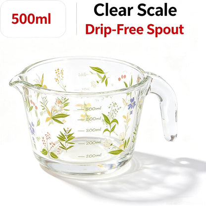 Glass Measuring Cup with Handle & Pour Spout, 500ml Glass Decorative Measuring Beaker Cup with Precise Markings, Floral Print Measuring Cup for Baking, Cooking, Mixing (Microwave & Dishwasher Safe)