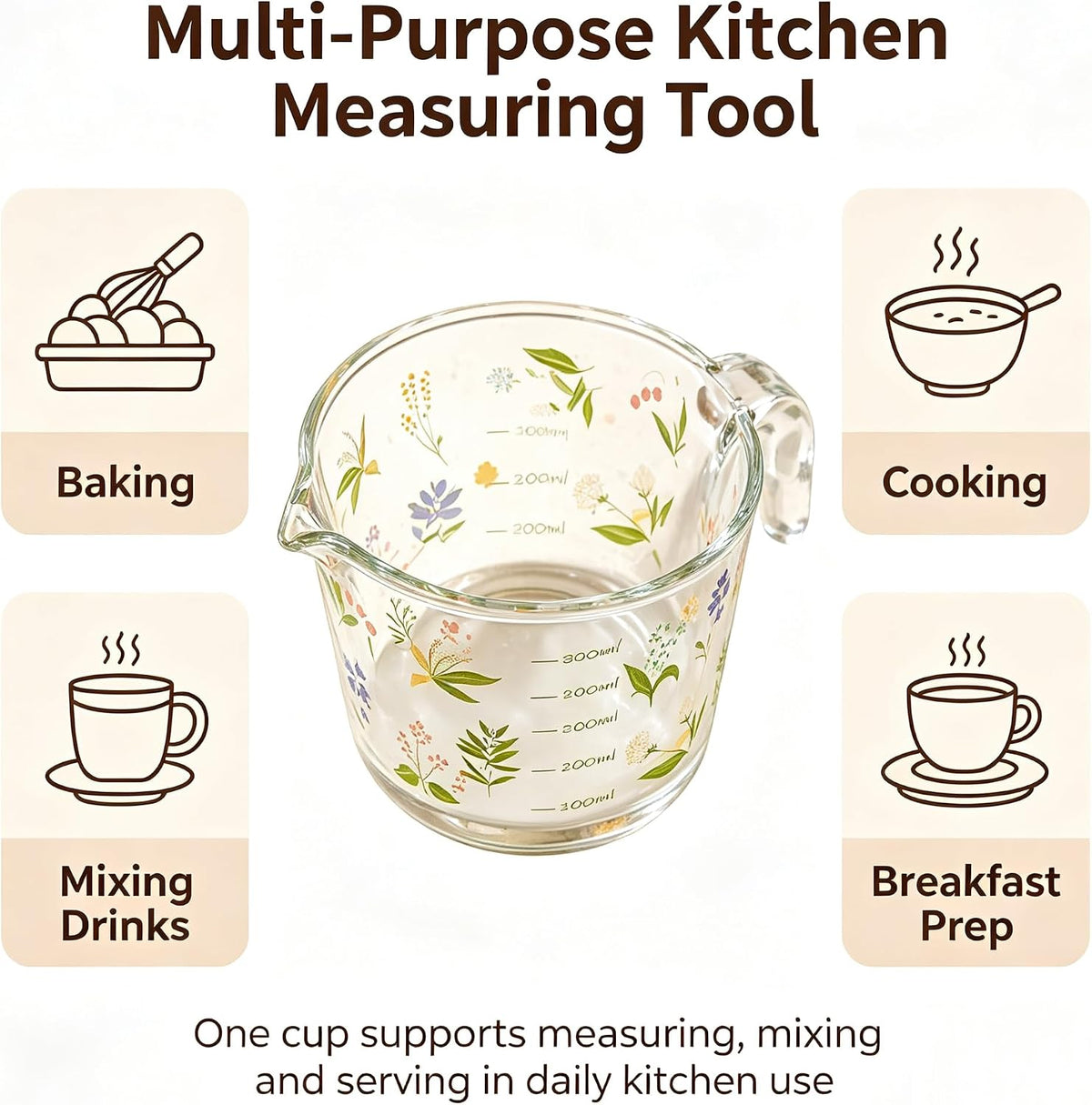 Glass Measuring Cup with Handle & Pour Spout, 500ml Glass Decorative Measuring Beaker Cup with Precise Markings, Floral Print Measuring Cup for Baking, Cooking, Mixing (Microwave & Dishwasher Safe)