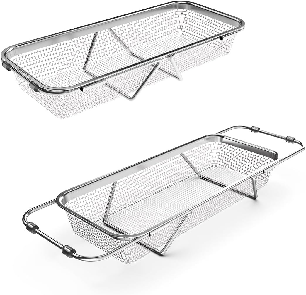 Extendable Dish Rack with Feet, Vegetable Colander Basket, Stainless Steel Dish or Silverware Drying Rack, Ultimate Kitchen Organizer Over the Sink (11.81 x 8.27 x 2.76 Inches)