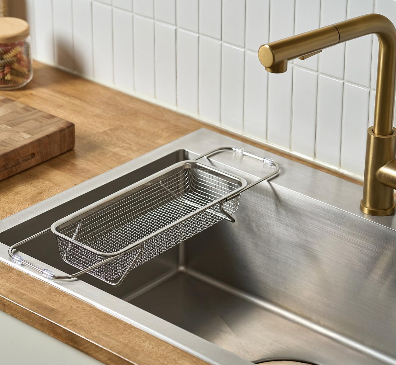 Extendable Dish Rack with Feet, Vegetable Colander Basket, Stainless Steel Dish or Silverware Drying Rack, Ultimate Kitchen Organizer Over the Sink (11.81 x 8.27 x 2.76 Inches)