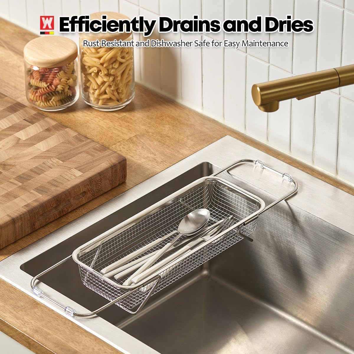 Extendable Dish Rack with Feet, Vegetable Colander Basket, Stainless Steel Dish or Silverware Drying Rack, Ultimate Kitchen Organizer Over the Sink (11.81 x 8.27 x 2.76 Inches)