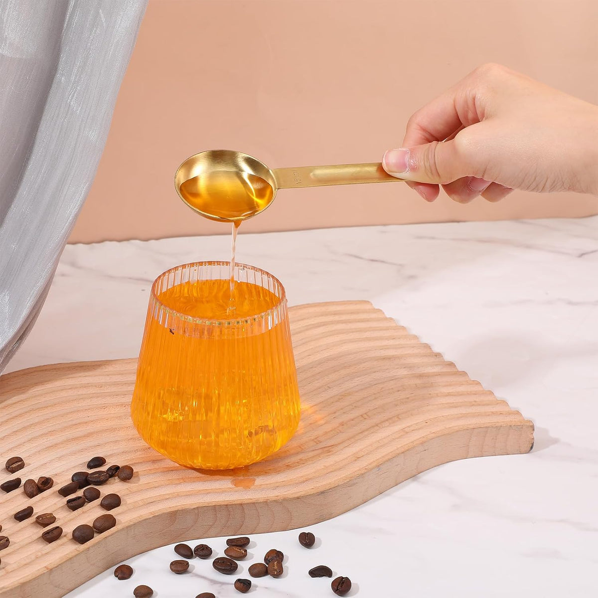 Double Sided Measuring Spoon, Stainless Steel Coffee Measuring Tablespoon 1 Tsp (5ml) & 1 Tbsp (15ml) Dual-Measure Long-Handle Spoons for Tea Sugar Coffee Baking Precise Measurements(Gold)