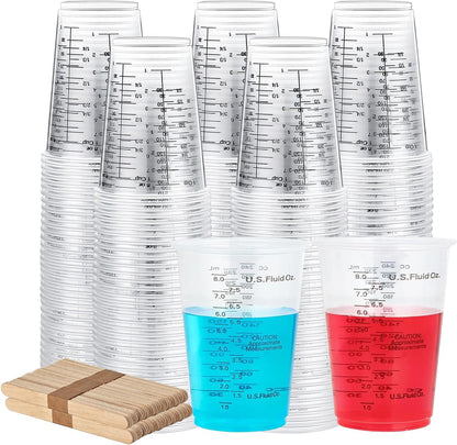 Plastic Measuring Cups with Mixing Sticks, 8 oz Clear Cup, 100 Pack | Disposable measuring cups with sticks, DIY mixing accurate oz ml cc scales for resin paint baking