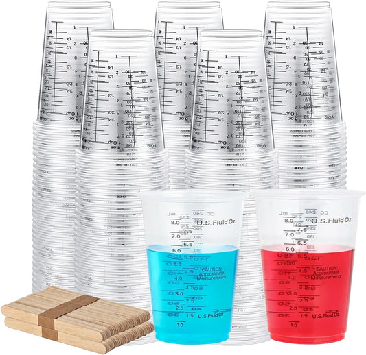 Plastic Measuring Cups with Mixing Sticks, 8 oz Clear Cup, 100 Pack | Disposable measuring cups with sticks, DIY mixing accurate oz ml cc scales for resin paint baking