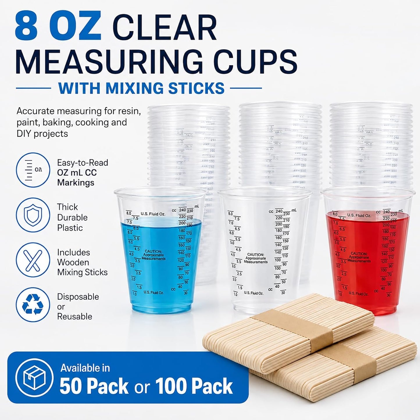 Plastic Measuring Cups with Mixing Sticks, 8 oz Clear Cup, 100 Pack | Disposable measuring cups with sticks, DIY mixing accurate oz ml cc scales for resin paint baking