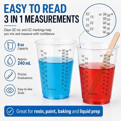 Plastic Measuring Cups with Mixing Sticks, 8 oz Clear Cup, 100 Pack | Disposable measuring cups with sticks, DIY mixing accurate oz ml cc scales for resin paint baking