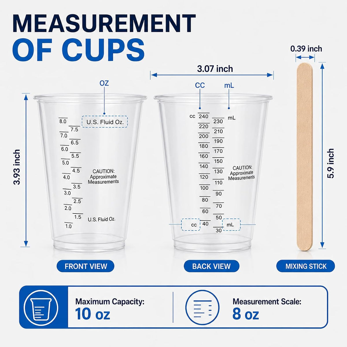 Plastic Measuring Cups with Mixing Sticks, 8 oz Clear Cup, 100 Pack | Disposable measuring cups with sticks, DIY mixing accurate oz ml cc scales for resin paint baking