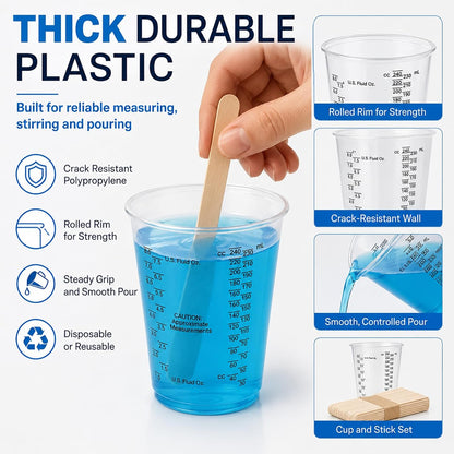 Plastic Measuring Cups with Mixing Sticks, 8 oz Clear Cup, 100 Pack | Disposable measuring cups with sticks, DIY mixing accurate oz ml cc scales for resin paint baking