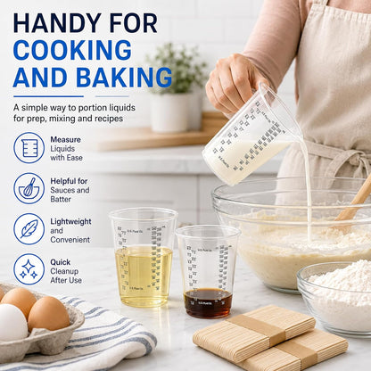 Plastic Measuring Cups with Mixing Sticks, 8 oz Clear Cup, 100 Pack | Disposable measuring cups with sticks, DIY mixing accurate oz ml cc scales for resin paint baking