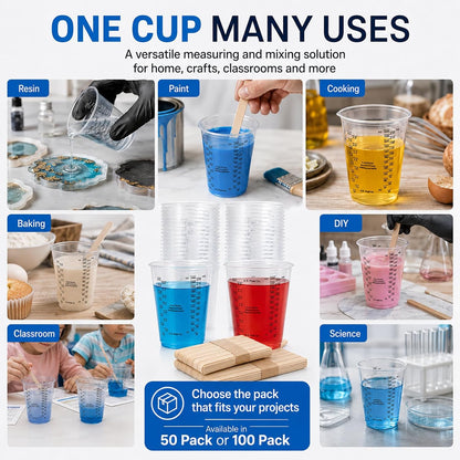 Plastic Measuring Cups with Mixing Sticks, 8 oz Clear Cup, 100 Pack | Disposable measuring cups with sticks, DIY mixing accurate oz ml cc scales for resin paint baking