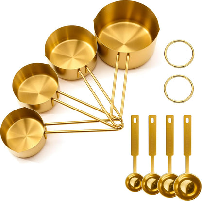 Gold 304 Stainless Steel Measuring Cup and Spoon Set, Stackable, 8-Piece, Long Handle for Narrow Bottles, Premium Gold Kitchen Utensils for Cooking and Mothers Day Gift
