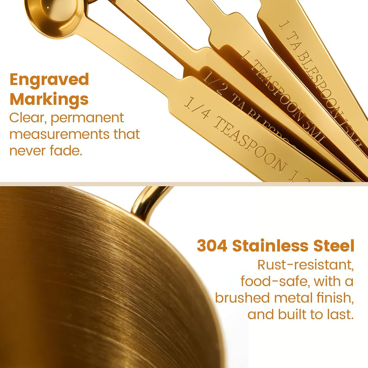 Gold 304 Stainless Steel Measuring Cup and Spoon Set, Stackable, 8-Piece, Long Handle for Narrow Bottles, Premium Gold Kitchen Utensils for Cooking and Mothers Day Gift