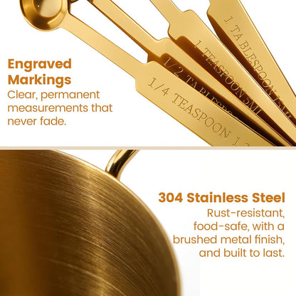 Gold 304 Stainless Steel Measuring Cup and Spoon Set, Stackable, 8-Piece, Long Handle for Narrow Bottles, Premium Gold Kitchen Utensils for Cooking and Mothers Day Gift