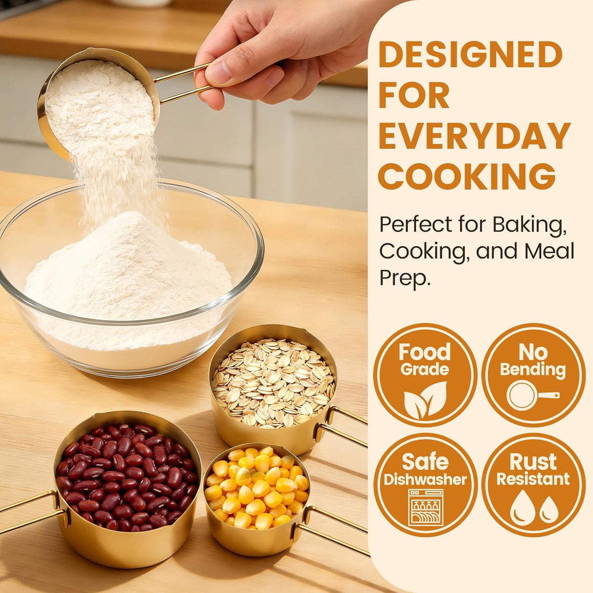 Gold 304 Stainless Steel Measuring Cup and Spoon Set, Stackable, 8-Piece, Long Handle for Narrow Bottles, Premium Gold Kitchen Utensils for Cooking and Mothers Day Gift