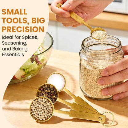 Gold 304 Stainless Steel Measuring Cup and Spoon Set, Stackable, 8-Piece, Long Handle for Narrow Bottles, Premium Gold Kitchen Utensils for Cooking and Mothers Day Gift