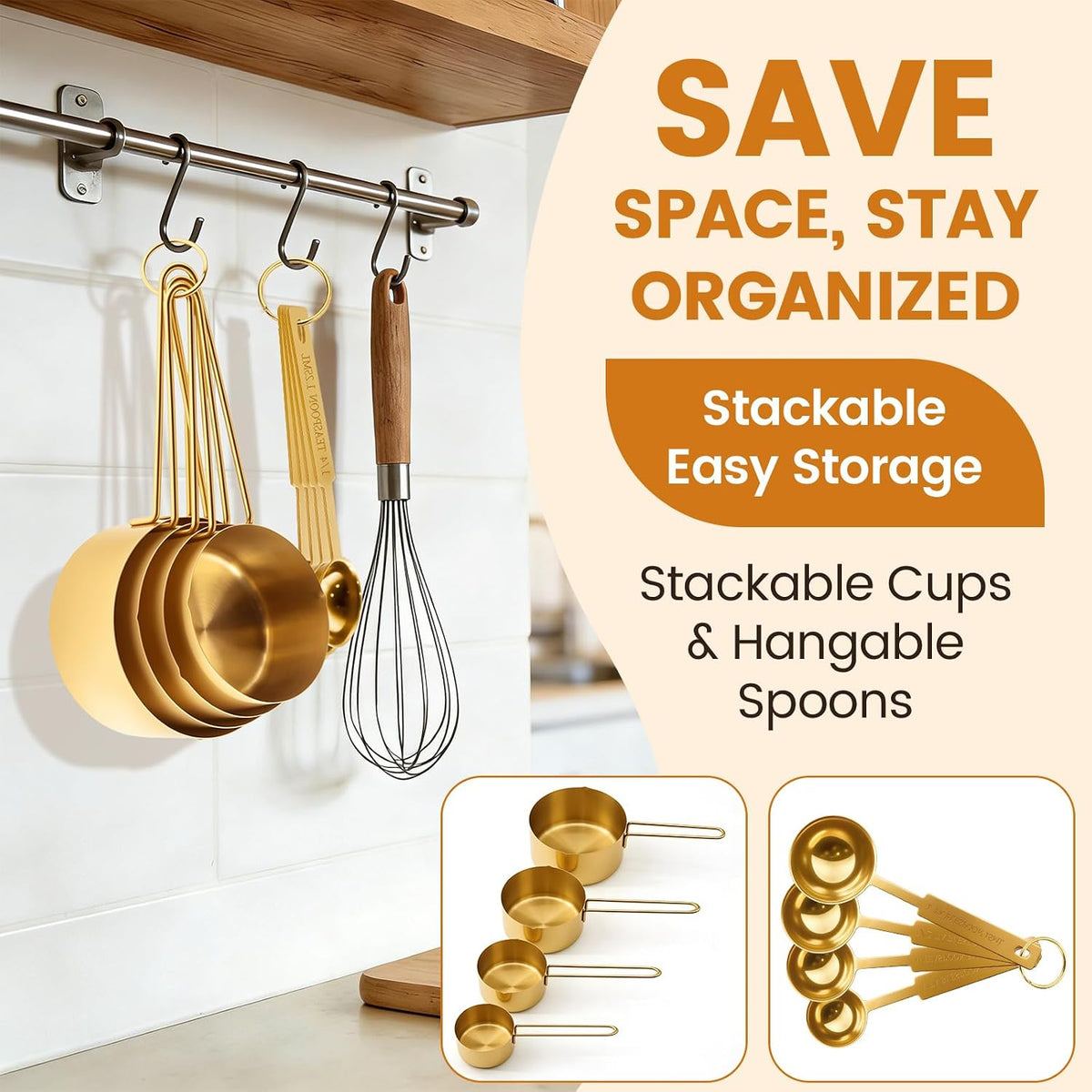 Gold 304 Stainless Steel Measuring Cup and Spoon Set, Stackable, 8-Piece, Long Handle for Narrow Bottles, Premium Gold Kitchen Utensils for Cooking and Mothers Day Gift