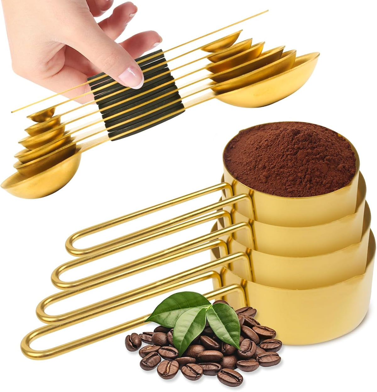Gold 304 Stainless Steel Measuring Cup and Spoon Set, Stackable, 8-Piece, Long Handle for Narrow Bottles, Premium Gold Kitchen Utensils for Cooking and Mothers Day Gift