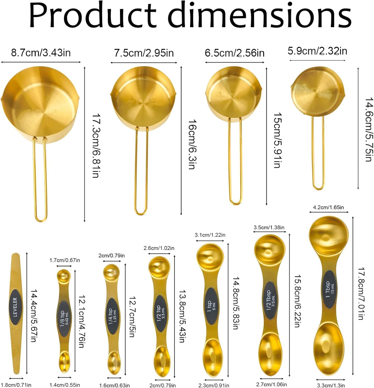 Gold 304 Stainless Steel Measuring Cup and Spoon Set, Stackable, 8-Piece, Long Handle for Narrow Bottles, Premium Gold Kitchen Utensils for Cooking and Mothers Day Gift