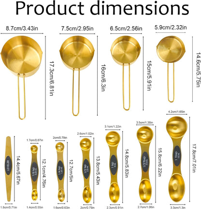 Gold 304 Stainless Steel Measuring Cup and Spoon Set, Stackable, 8-Piece, Long Handle for Narrow Bottles, Premium Gold Kitchen Utensils for Cooking and Mothers Day Gift