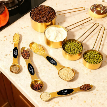 Gold 304 Stainless Steel Measuring Cup and Spoon Set, Stackable, 8-Piece, Long Handle for Narrow Bottles, Premium Gold Kitchen Utensils for Cooking and Mothers Day Gift