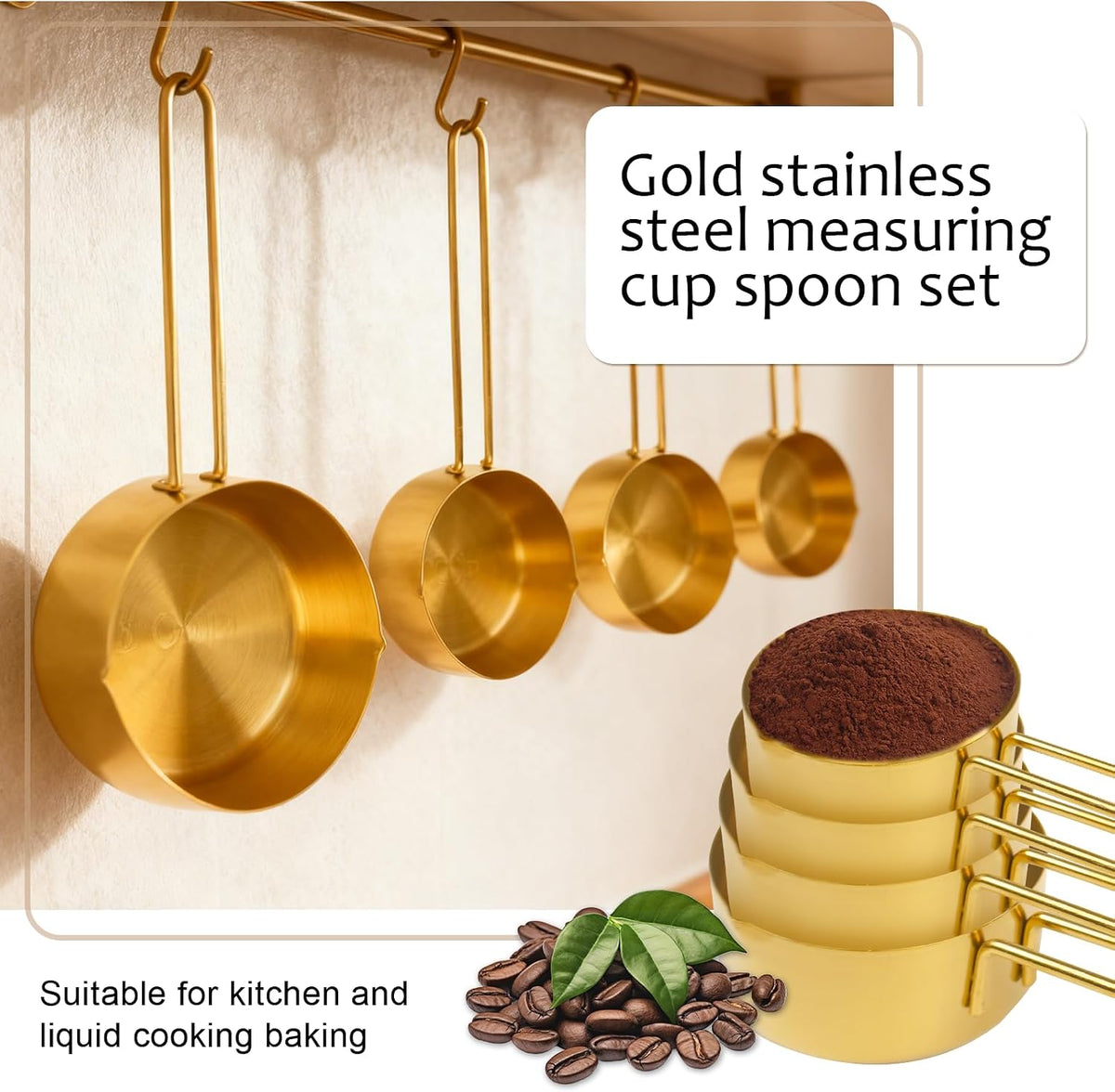 Gold 304 Stainless Steel Measuring Cup and Spoon Set, Stackable, 8-Piece, Long Handle for Narrow Bottles, Premium Gold Kitchen Utensils for Cooking and Mothers Day Gift