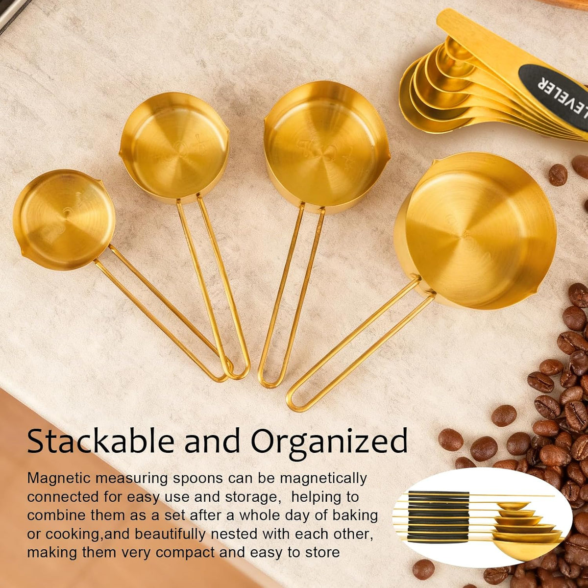 Gold 304 Stainless Steel Measuring Cup and Spoon Set, Stackable, 8-Piece, Long Handle for Narrow Bottles, Premium Gold Kitchen Utensils for Cooking and Mothers Day Gift