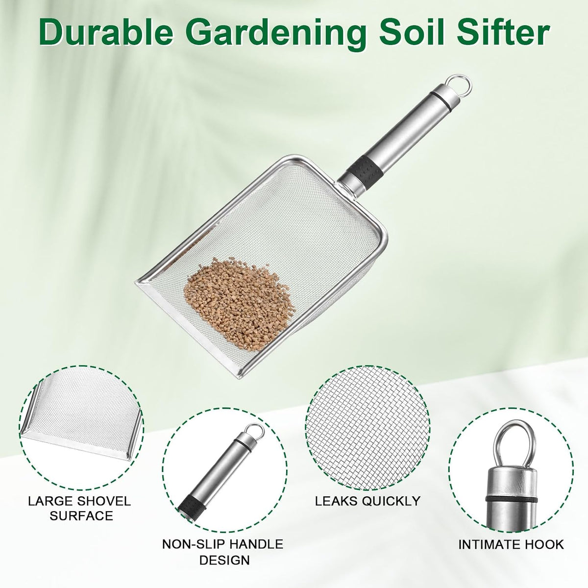 1-Pack Gardening Soil Sifter, 1 mm Mesh Stainless Steel Sand Soil Compost Sieve with Stainless Steel Handle for Sand/Dirt/Rock Compost [Silver Tone]