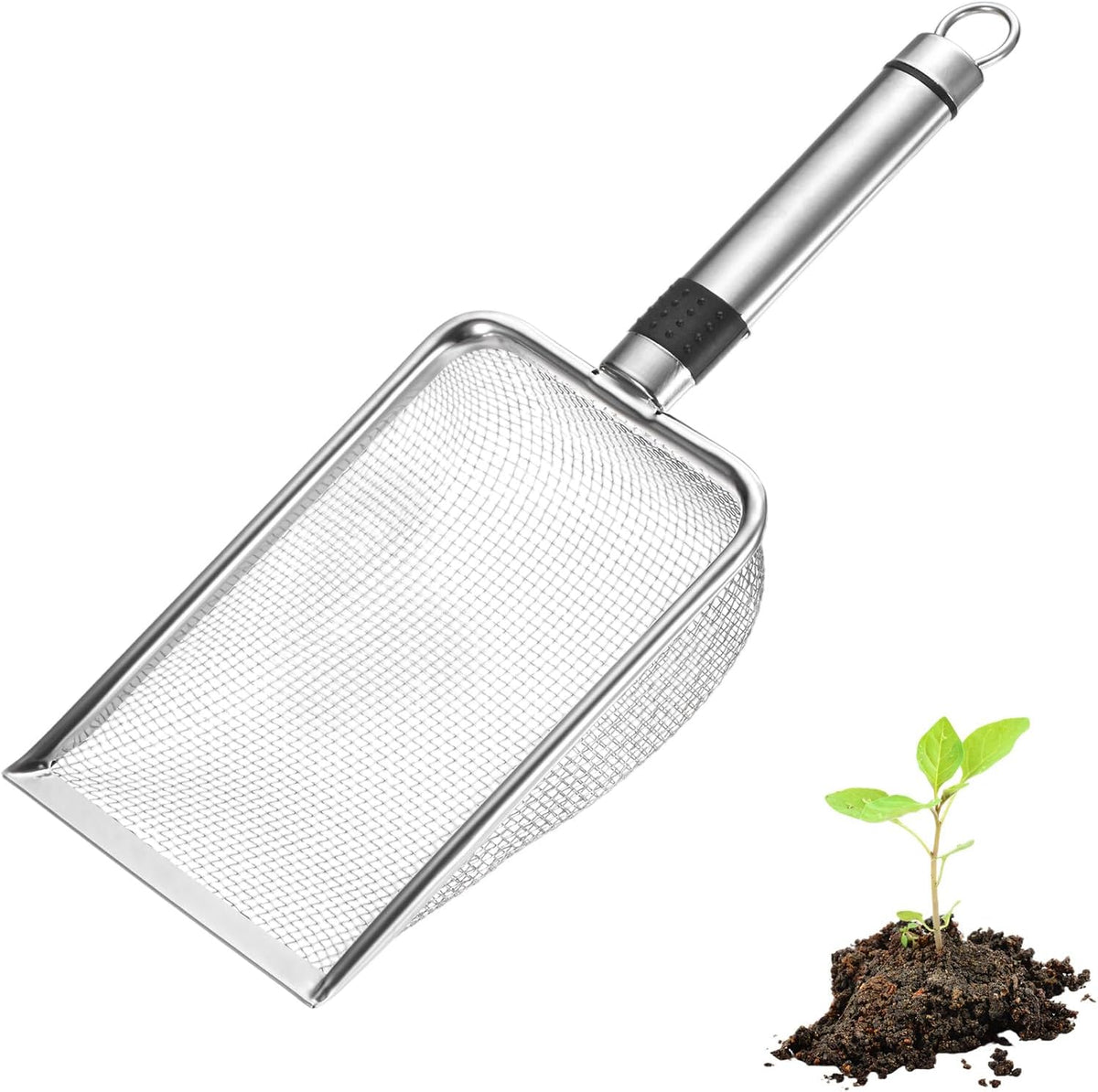1-Pack Gardening Soil Sifter, 1 mm Mesh Stainless Steel Sand Soil Compost Sieve with Stainless Steel Handle for Sand/Dirt/Rock Compost [Silver Tone]