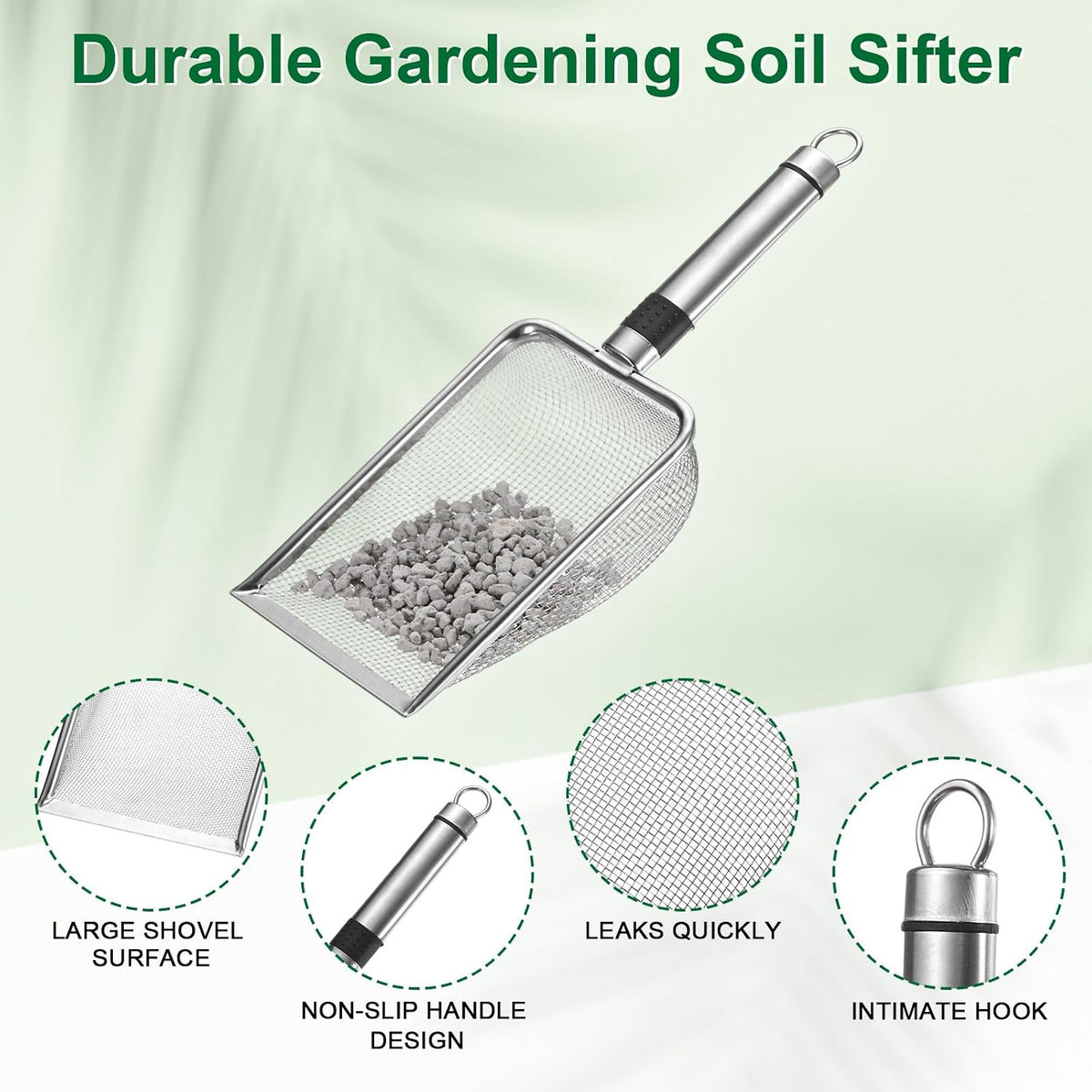 1-Pack Gardening Soil Sifter, 1 mm Mesh Stainless Steel Sand Soil Compost Sieve with Stainless Steel Handle for Sand/Dirt/Rock Compost [Silver Tone]