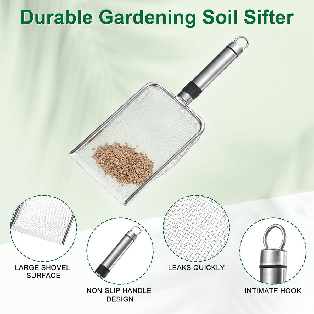 1-Pack Gardening Soil Sifter, 1 mm Mesh Stainless Steel Sand Soil Compost Sieve with Stainless Steel Handle for Sand/Dirt/Rock Compost [Silver Tone]