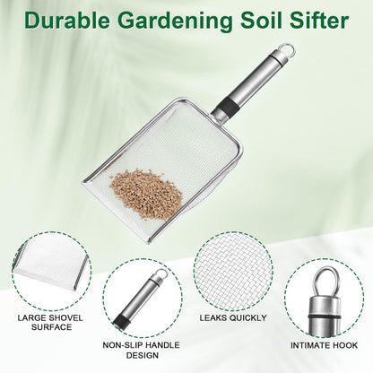 1-Pack Gardening Soil Sifter, 1 mm Mesh Stainless Steel Sand Soil Compost Sieve with Stainless Steel Handle for Sand/Dirt/Rock Compost [Silver Tone]