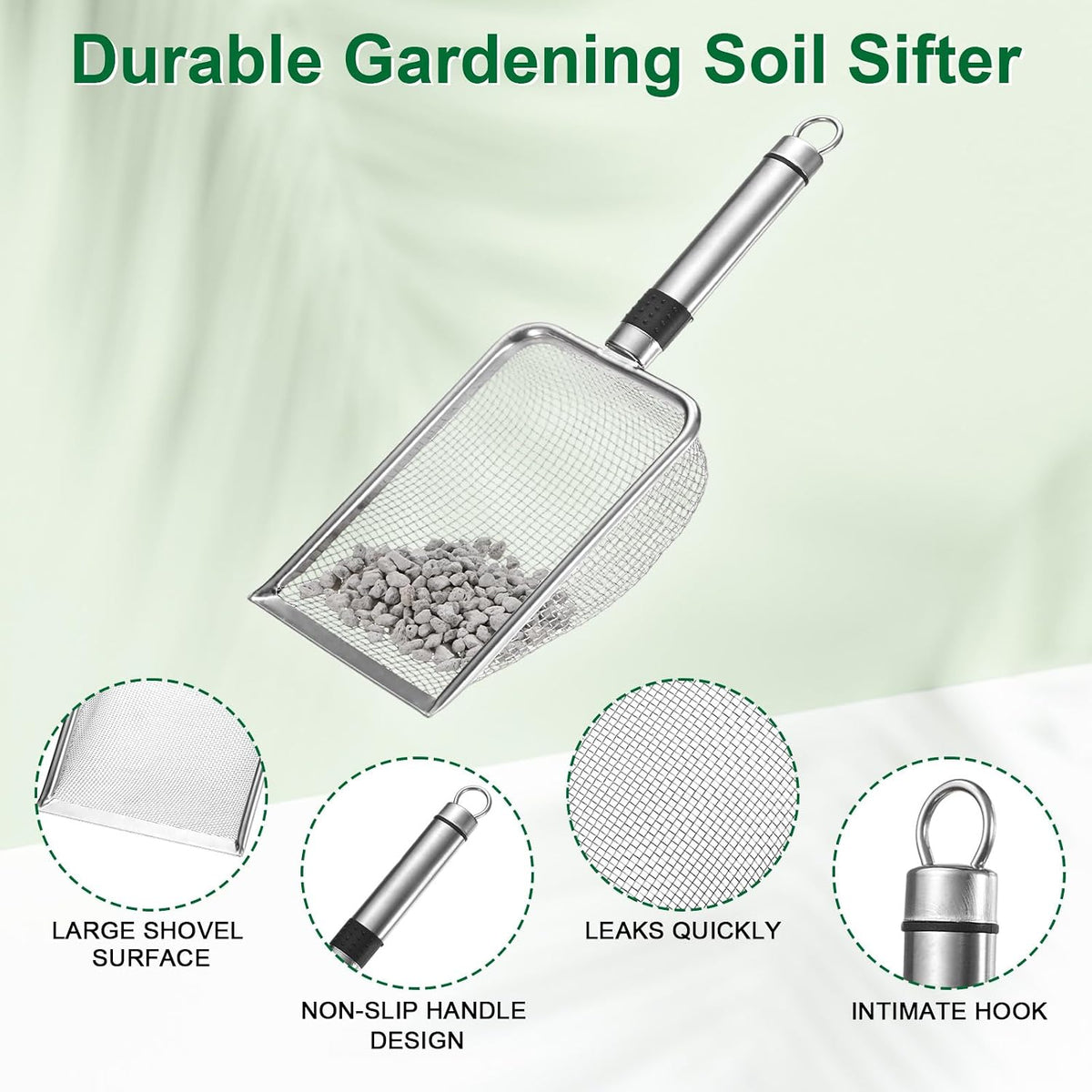 1-Pack Gardening Soil Sifter, 1 mm Mesh Stainless Steel Sand Soil Compost Sieve with Stainless Steel Handle for Sand/Dirt/Rock Compost [Silver Tone]