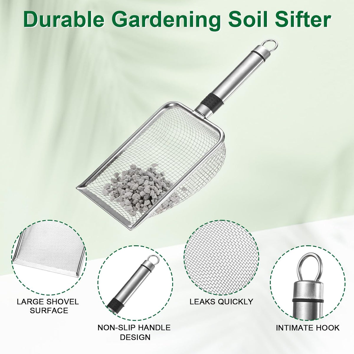1-Pack Gardening Soil Sifter, 1 mm Mesh Stainless Steel Sand Soil Compost Sieve with Stainless Steel Handle for Sand/Dirt/Rock Compost [Silver Tone]