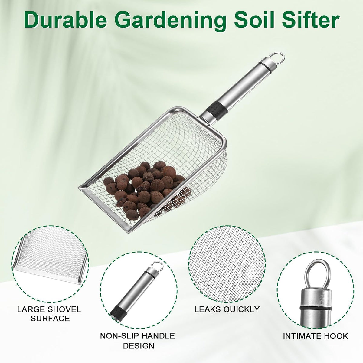 1-Pack Gardening Soil Sifter, 1 mm Mesh Stainless Steel Sand Soil Compost Sieve with Stainless Steel Handle for Sand/Dirt/Rock Compost [Silver Tone]
