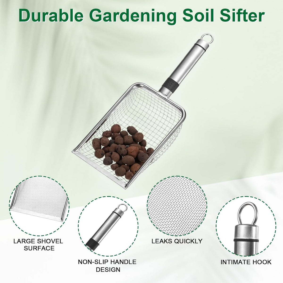 1-Pack Gardening Soil Sifter, 1 mm Mesh Stainless Steel Sand Soil Compost Sieve with Stainless Steel Handle for Sand/Dirt/Rock Compost [Silver Tone]