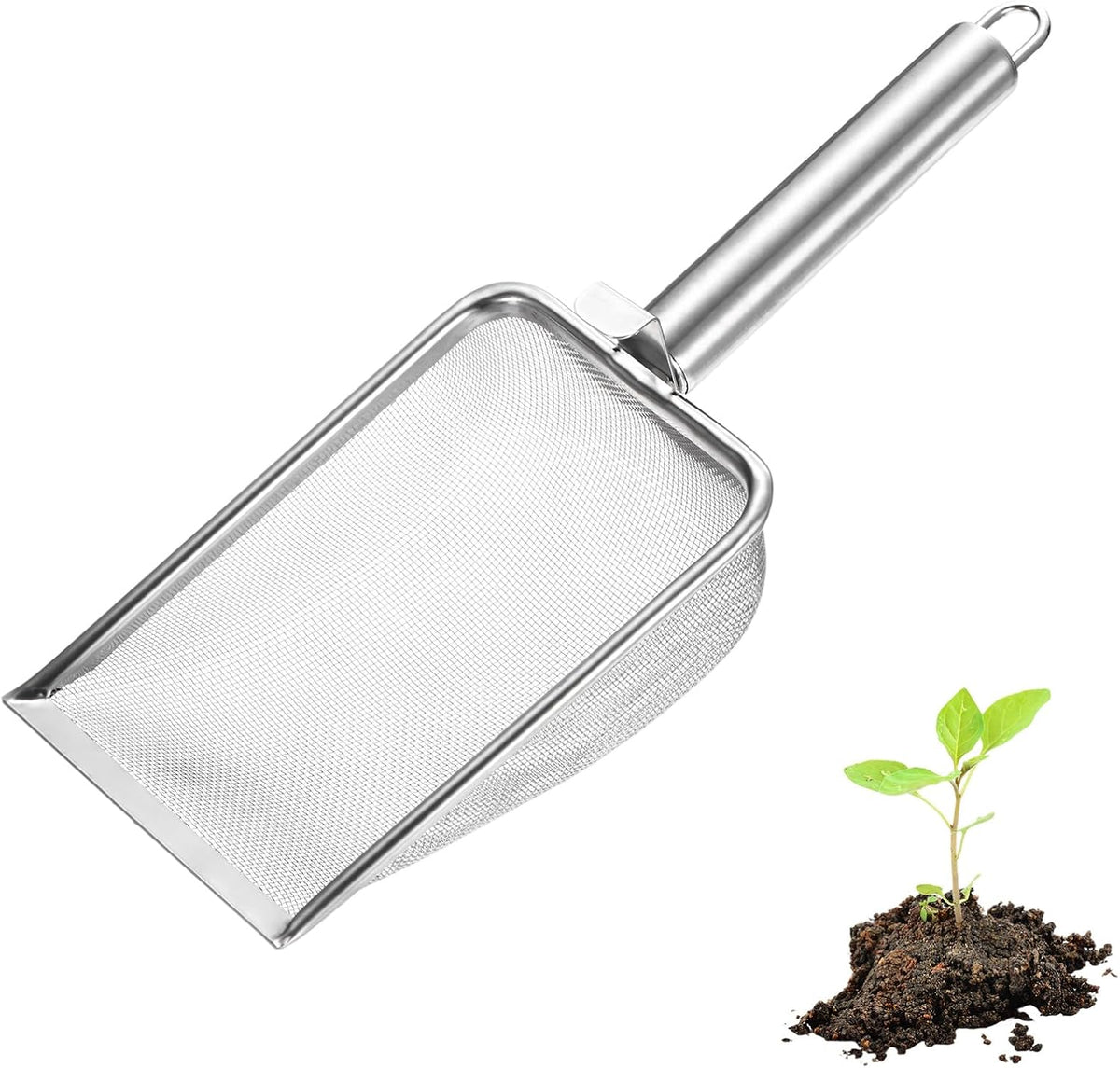 1-Pack Gardening Soil Sifter, 1 mm Mesh Stainless Steel Sand Soil Compost Sieve with Stainless Steel Handle for Sand/Dirt/Rock Compost [Silver Tone]