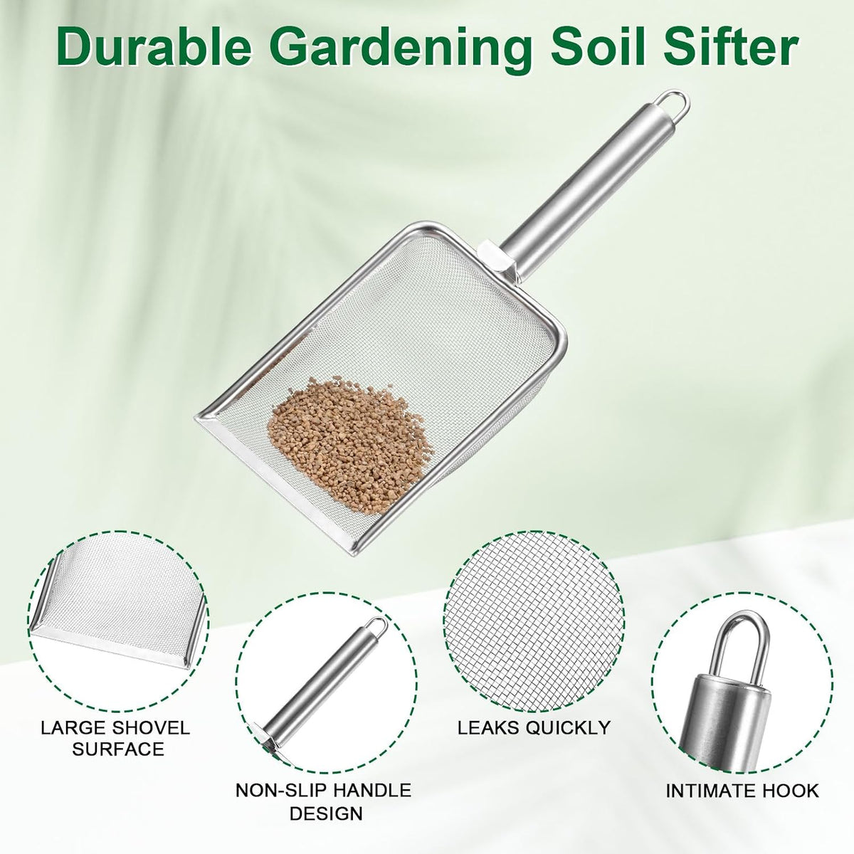 1-Pack Gardening Soil Sifter, 1 mm Mesh Stainless Steel Sand Soil Compost Sieve with Stainless Steel Handle for Sand/Dirt/Rock Compost [Silver Tone]