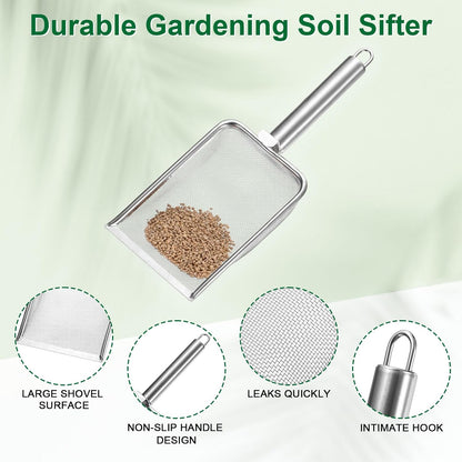1-Pack Gardening Soil Sifter, 1 mm Mesh Stainless Steel Sand Soil Compost Sieve with Stainless Steel Handle for Sand/Dirt/Rock Compost [Silver Tone]
